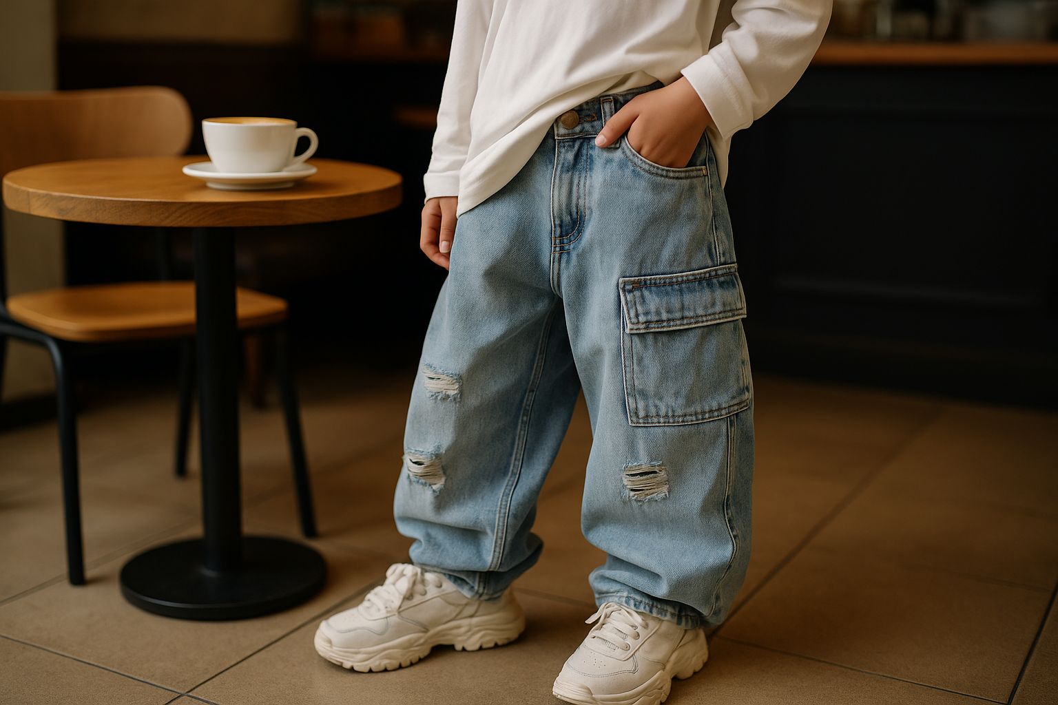 Kind trägt Baggy Jeans und lässiges Top, sitzt auf einer Bank in einem Café.