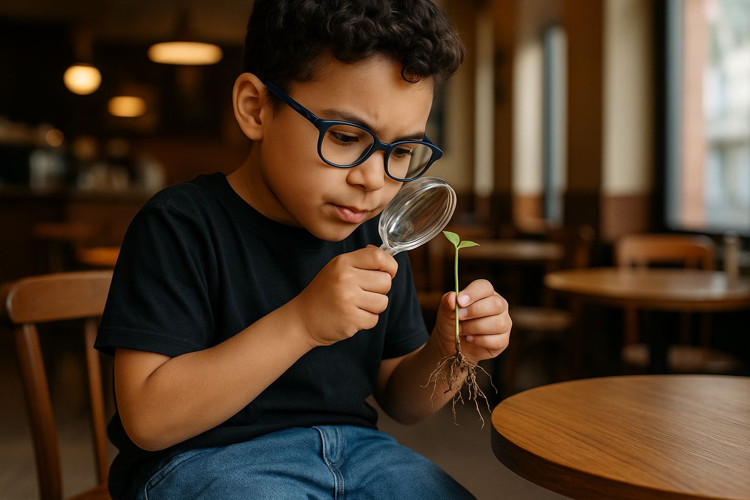 Kind mit verschmutzter Baggy Jeans, lachend beim Spielen im Café-Garten.